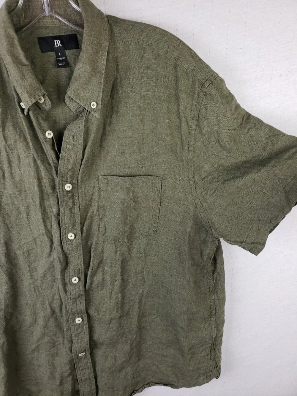 Banana Republic 100% Linen Shirt Button-Down Collar Olive Green Short Sleeve L